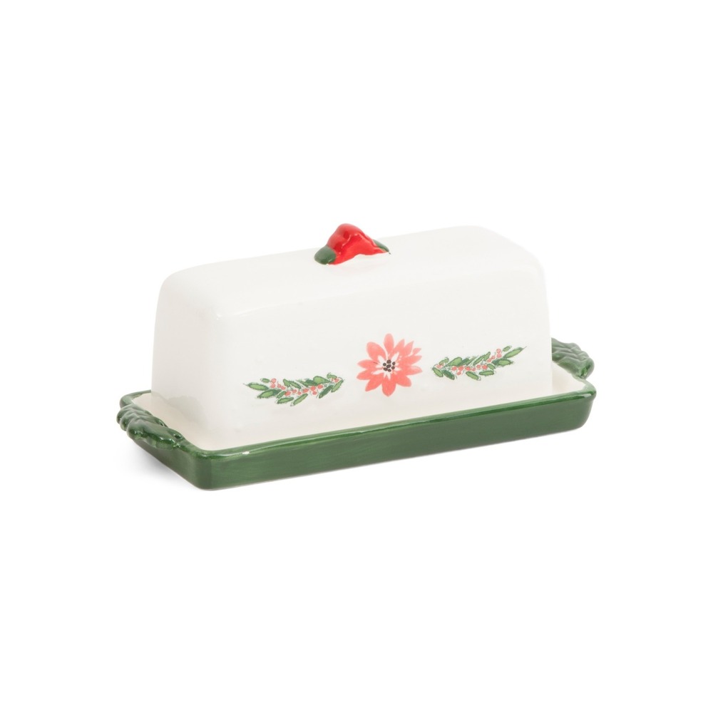 ELSWORTH AVENUE Poinsettia Ceramic Butter Dish Christmas Holly Berry Lid